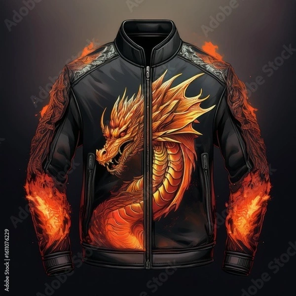 Fototapeta Fashion bomber jacket with fiery dragon artwork and glowing flame details on sleeves, featuring fantasy-style embroidery and epic creature design – perfect for cosplay and streetwear.