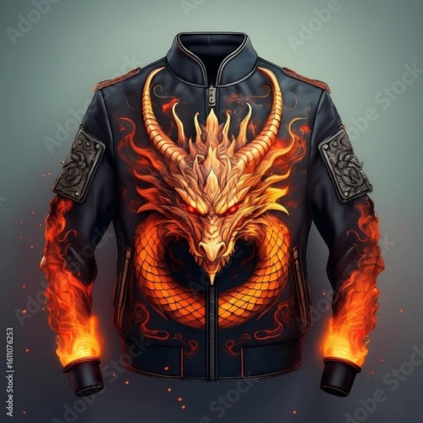 Fototapeta Fashion bomber jacket with fiery dragon artwork and glowing flame details on sleeves, featuring fantasy-style embroidery and epic creature design – perfect for cosplay and streetwear.