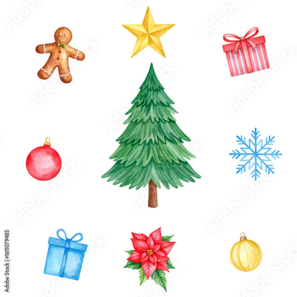 Fototapeta Seamless Christmas set pattern, transparent background. Christmas tree, star, gingerbread man, poinsettias, baubles, present box, snowflake. Watercolor illustration