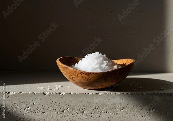 Fototapeta A wooden bowl filled with a pile of white sea salt crystals sits on a concrete surface, partially illuminated by sunlight.