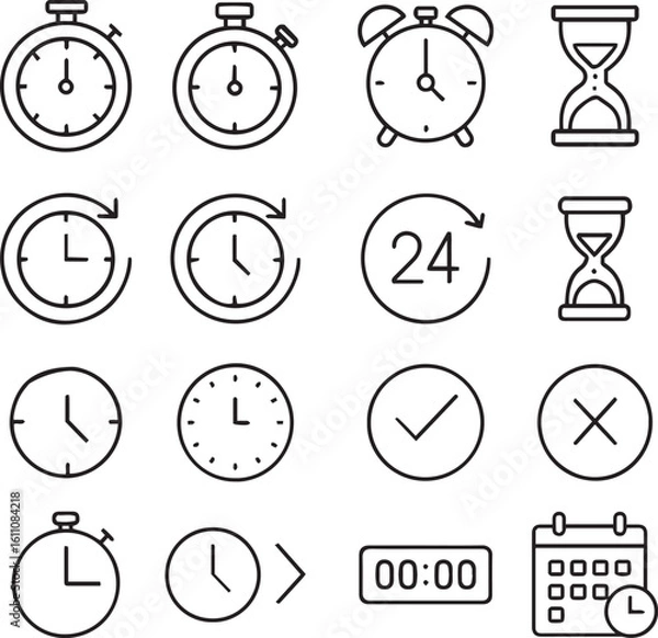 Fototapeta Time Line Editable Icons set. Vector illustration in modern thin line style of clock related icons: timer, stopwatch, alarm, and more. Isolated on transparent background