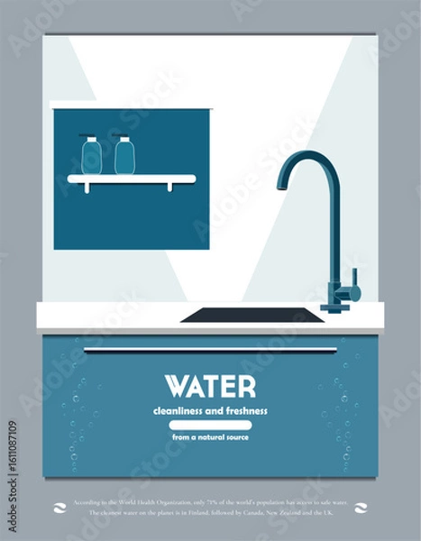 Obraz Minimalistic flat-style illustration of a modern kitchen sink with a water faucet. The design emphasizes the importance of clean, fresh water from natural sources. Includes glass jars on a shelf, bubb