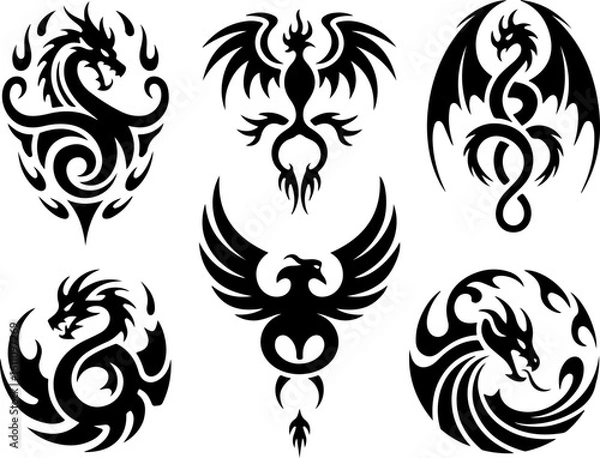 Fototapeta Tribal Dragon and Phoenix Tattoo Designs vector bundle
