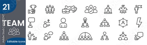 Fototapeta Collection of Teamwork and Collaboration Line Icons Representing Leadership and Communication for Business and Project Management Success