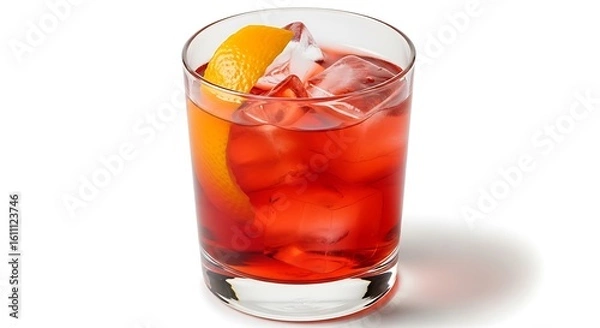 Fototapeta Refreshing red cocktail with ice and orange garnish in a tall glass