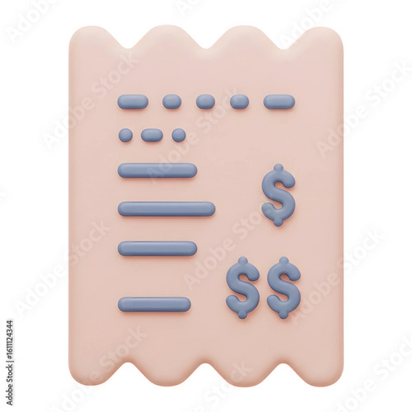 Fototapeta 3D Rendering Paper Receipt Icon, Curled Edges and Textured Design