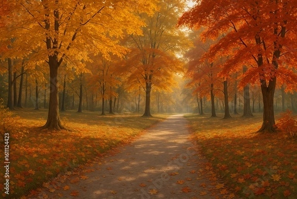 Fototapeta Serene autumn pathway lined with vibrant orange and yellow trees  