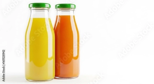Fototapeta Two glass bottles of colorful fresh juice on a white background