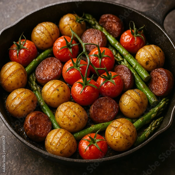 Obraz 鉄フライパンに彩り豊かな焼き野菜とソーセージを盛り付けた料理写真｜アスパラ・ミニトマト・ベビーポテトが並ぶ食欲そそる高画質イメージ