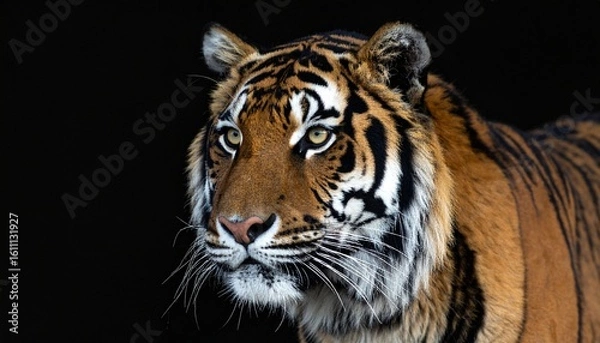 Fototapeta High-resolution portrait of a majestic tiger with piercing eyes, isolated on a stark black background, showcasing its powerful presence.