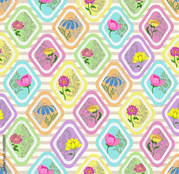 Obraz Pastel Floral Diamond Pattern with Vintage Blooms and Striped Background for Cute Decorative Fabric Design
