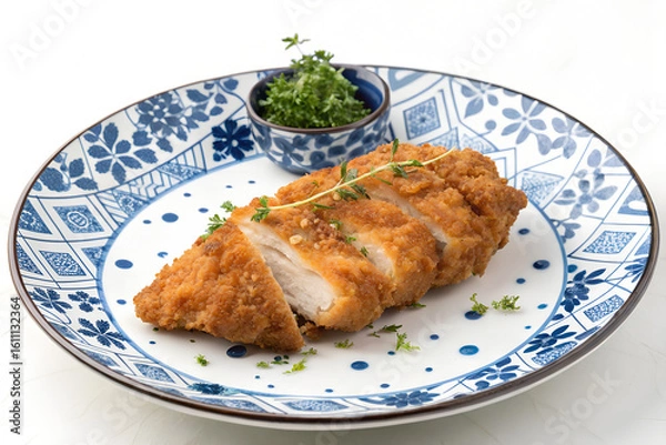 Fototapeta Crispy Fried Chicken Breast Slices Served on Elegant Plate
