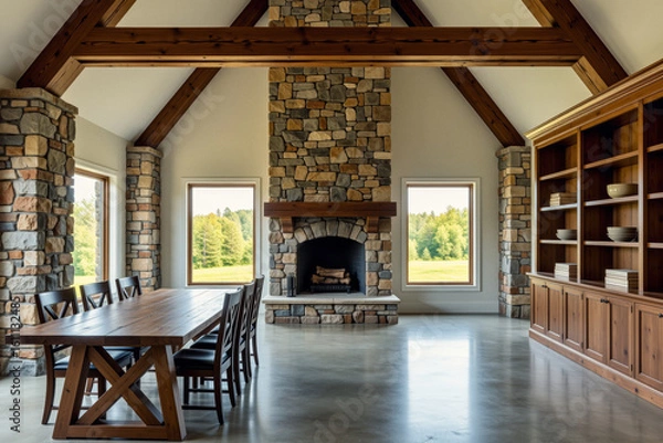 Fototapeta A spacious interior showcases a stone fireplace, built-in bookshelves, and a large wooden dining table within a rustic home.