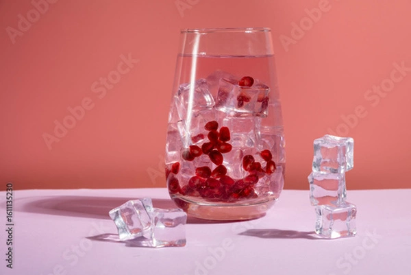 Obraz Alcohol free pomegranate drink on pink background.