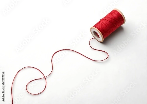 Obraz Single red thread curled into spiral on white surface
