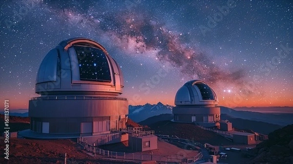 Fototapeta Two astronomical observatories at night, Milky Way galaxy visible in the sky.