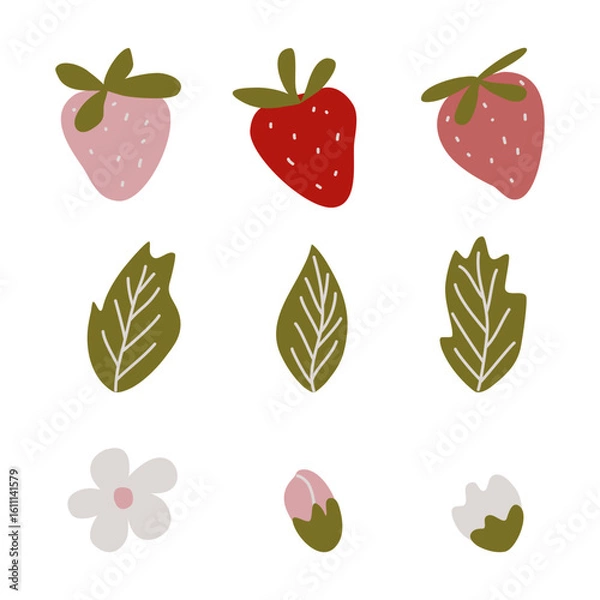 Fototapeta Strawberry set in flat style on a white background. Juicy summer illustration of red and pink berries, flowers, leaves