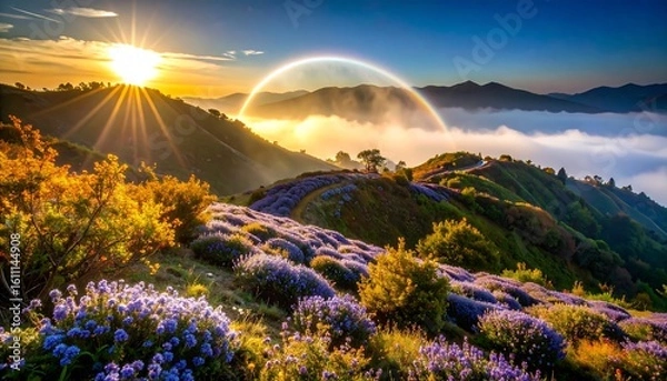 Obraz Sunrise Over Mountain Lavender Fields with Fogbow