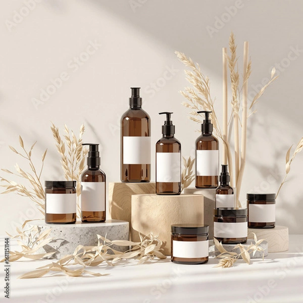 Obraz Photo of various amber cosmetic bottles and jars with plants on stone podiums
