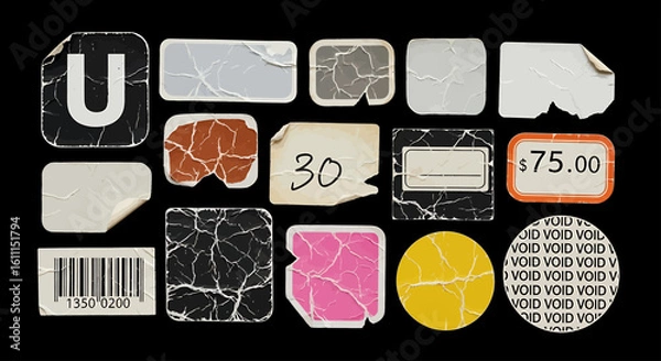 Obraz Collection of Various Aged and Distressed Stickers on Black Background Illustrating Vintage and Retro Aesthetic Style