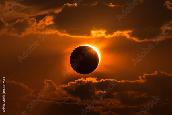 Fototapeta Dramatic solar eclipse through fiery orange clouds at sunset