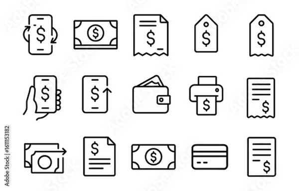 Fototapeta Finance and payment icons set. Mobile banking, dollar bill, receipt, wallet, card, price tag, vector