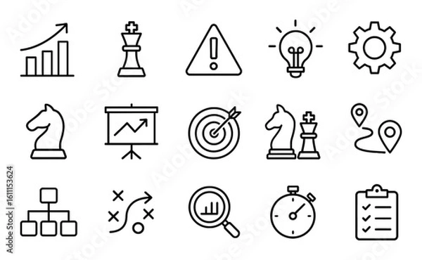 Fototapeta Business strategy line icons set with chess pieces, graph, target, gear, checklist, lightbulb, vector