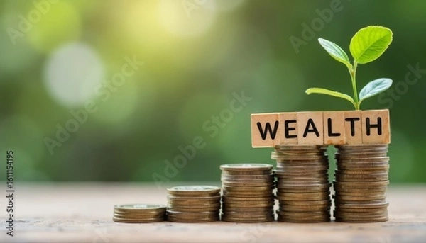 Obraz Growth of Wealth with Coins and Green Plant in Natural Light