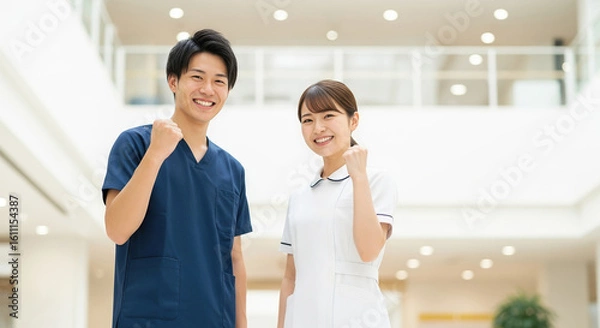 Obraz 笑顔でガッツポーズをするアジア人看護師