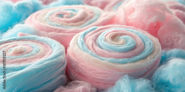 Fototapeta Delicate swirls of pastel pink and blue cotton candy create whimsical texture, evoking sense of nostalgia and joy. soft, fluffy strands invite playful experience