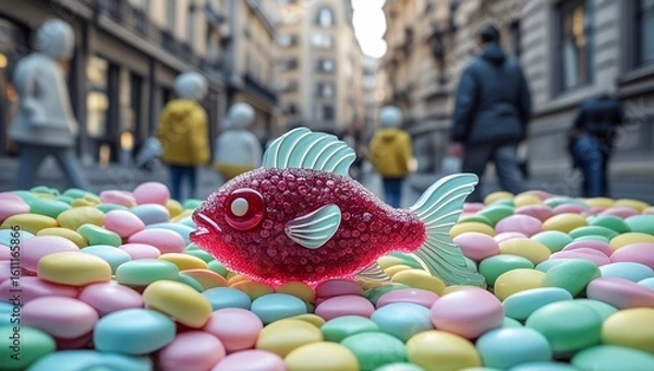 Fototapeta The Candy Street: Where Imagination Meets Reality with a Vibrant Fish Sculpture and Mosaic Walls

