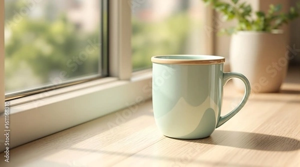 Fototapeta A light blue mug sits on a windowsill with a plant in the background casting shadows on the wood