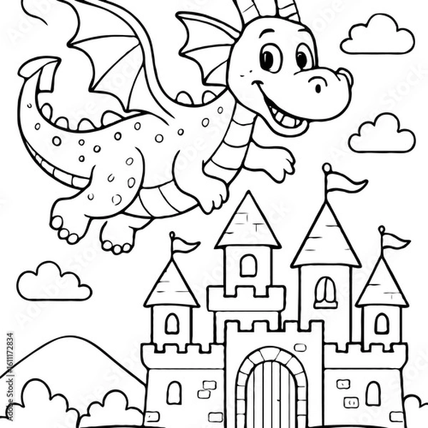 Fototapeta Adorable Flying Dragon Over Castle: Fantasy Kingdom Adventure Coloring Page