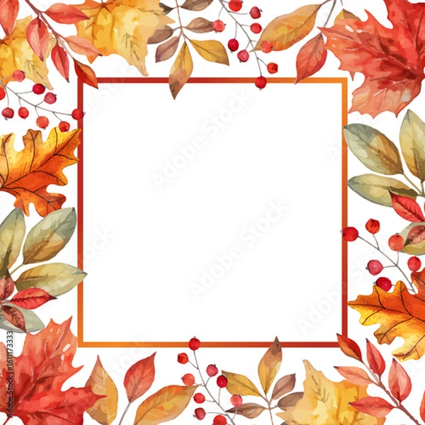 Obraz Autumn frame with hand drawn beautiful watercolor leaves and berries. Elegant background vector illustration