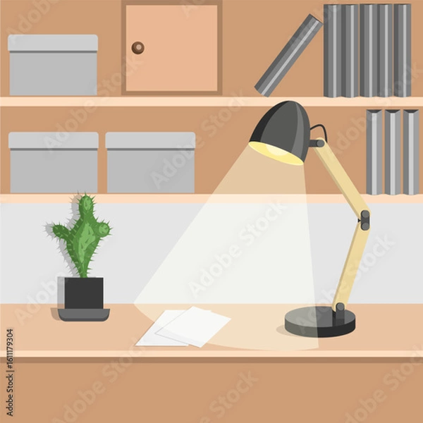 Fototapeta Office, table, table lamp, shelves with folders, cactus. Vector illustration of the workplace.