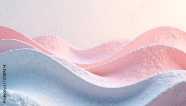 Obraz パステルブルーからピンクへと滑らかに変化する波状の立体フォルム｜柔らかな光に包まれた泡状テクスチャーが幻想的な風景を描く抽象ビジュアルアート