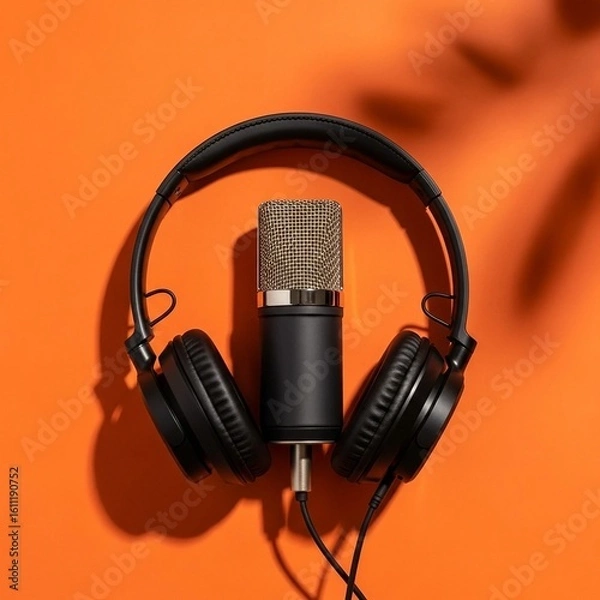 Fototapeta Studio Microphone and Headphones for Podcasting and Recording