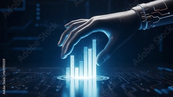 Fototapeta This image displays a stylized human-like hand interacting with a glowing blue bar chart emerging from a futuristic circuit board, symbolizing AI-driven data analysis, digital business, and technologi