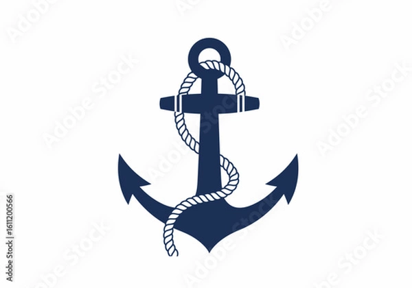 Obraz Navy Blue Anchor with Rope, Nautical Symbol, Isolated on White Background