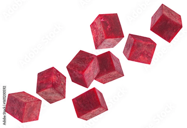 Fototapeta Beautifully retouched beetroot cubes fly in space forming a chain shape. Isolated on white