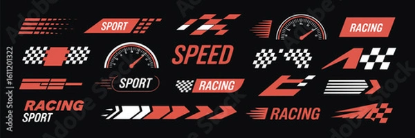 Fototapeta Sport Car Decal Stripe Vector Set – Red Racing Speed Stripes – Car Tuning Stickers Isolated on Black Background for Automotive Design and Vehicle Customization

