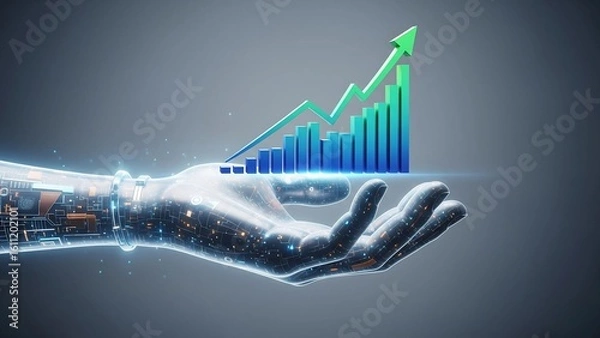 Fototapeta A detailed robotic hand supporting a blue financial growth bar chart with an upward trend line, symbolizing AI-driven progress, automated investment, and future economic success.