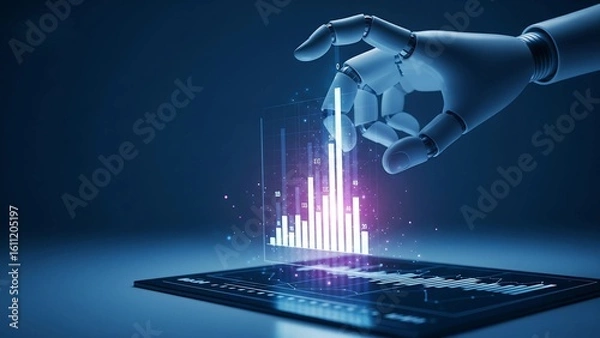 Fototapeta A robotic hand interacting with a glowing holographic bar chart emerging from a digital tablet, symbolizing AI-driven data analysis, business intelligence, and futuristic technology.