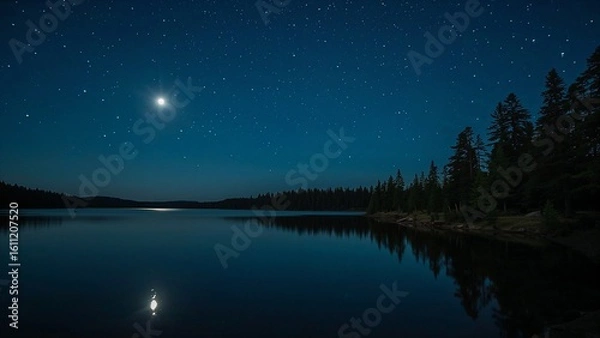 Obraz Generative AI Moonlit Lake and Starry Pine Night Wallpaper