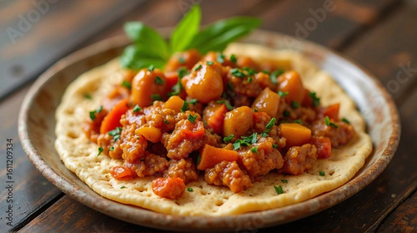 Fototapeta a plate of Ethiopian injera and stew