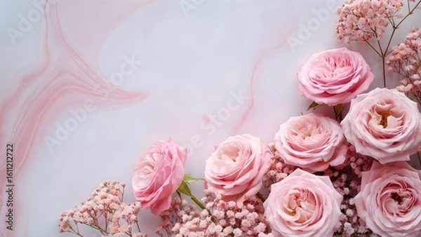 Fototapeta Elegant Pink Roses and Baby's Breath on Marble Background