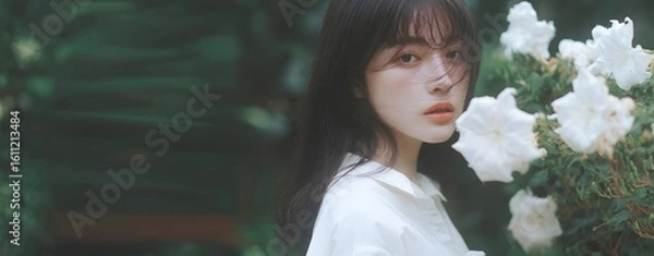 Obraz 儚い女性と壮大な自然の雄大さを感じさせる背景