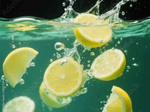 Obraz Sliced Lemons Splashing in Water with Bubbles