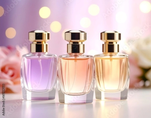 Fototapeta Elegant perfume bottles displaying an assortment of luxurious fragrances. Artfully arranged with soft, romantic lighting and delicate floral background, evoking refined beauty