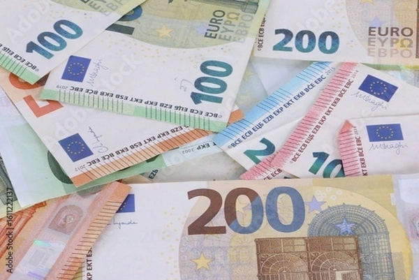 Fototapeta close-up of a pile of colorful different euro notes